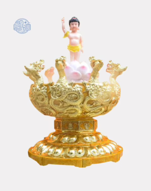Chậu tắm Phật Đản Sanh cửu long dát vàng kèm tượng composite