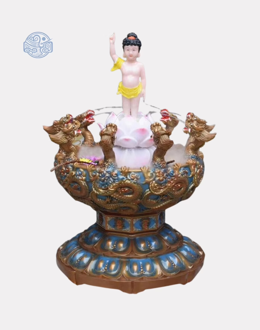 Chậu tắm Phật Đản Sanh cửu long dát vàng kèm tượng composite - Ảnh 5