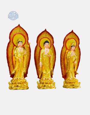 Bộ tượng Tây Phương Tam Thánh Đứng bằng composite, cao 120cm, dát vàng (có lá đề kèm đèn led)