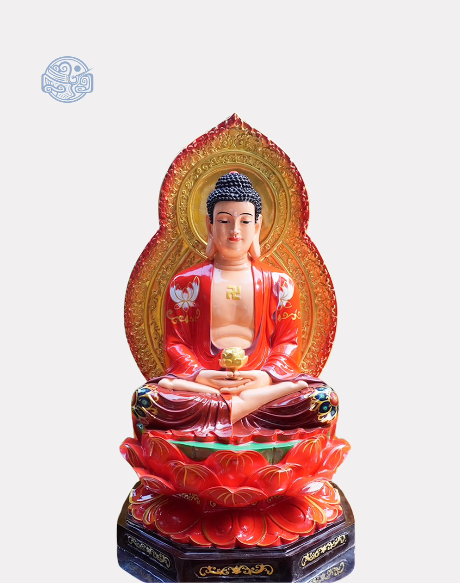 Tượng Phật A Di Đà Tọa Sen Bằng Composite, Vẽ Màu Cao Cấp (Có lá đề)