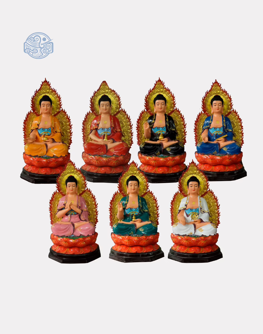 Tượng bộ Dược Sư 7 thế tay ngồi vẽ màu (lá đề đèn led) 80 cm